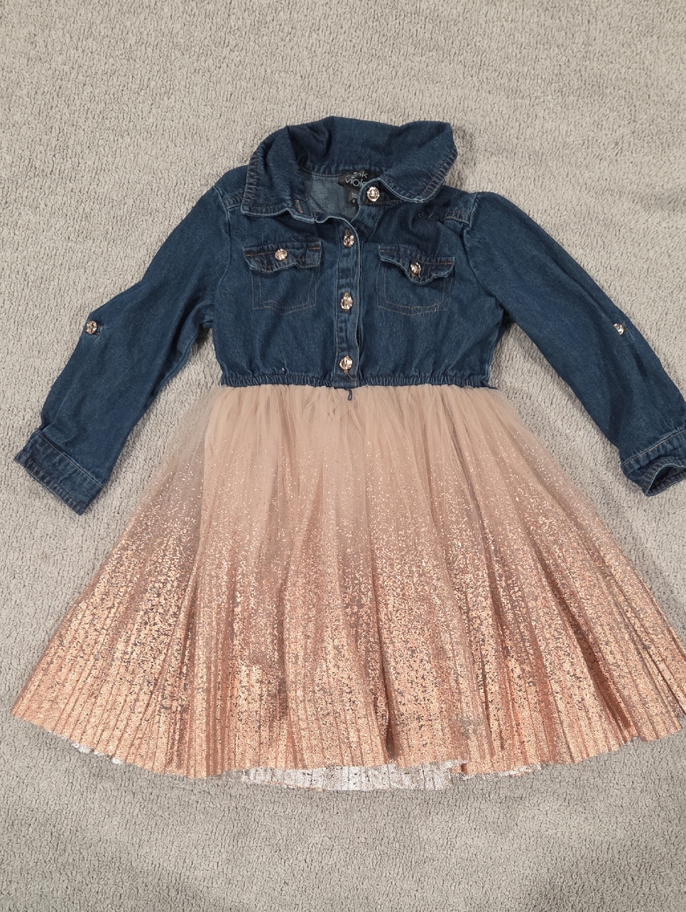 Denim and Rose Gold Tulle Girls' Jacket Dress